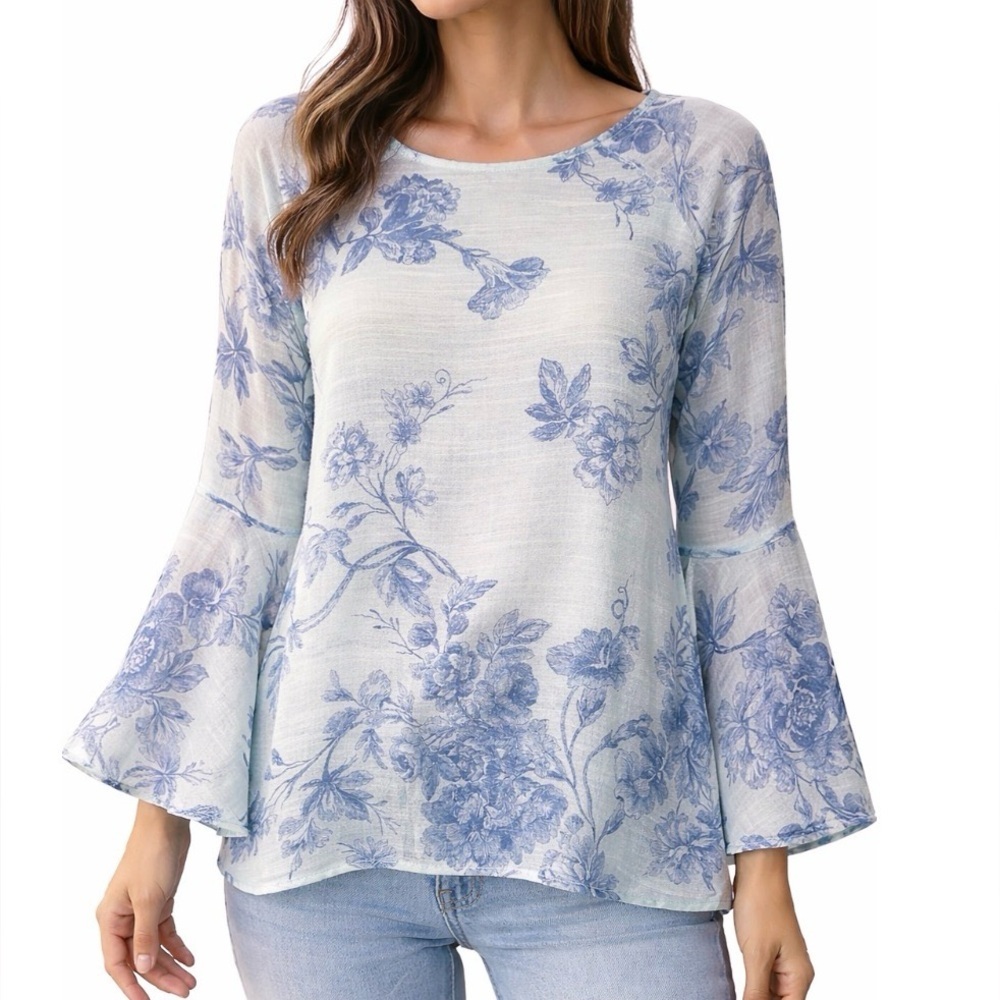 LC Lauren Conrad lightweight sea foam green floral print trumpet sleeve SZ SM